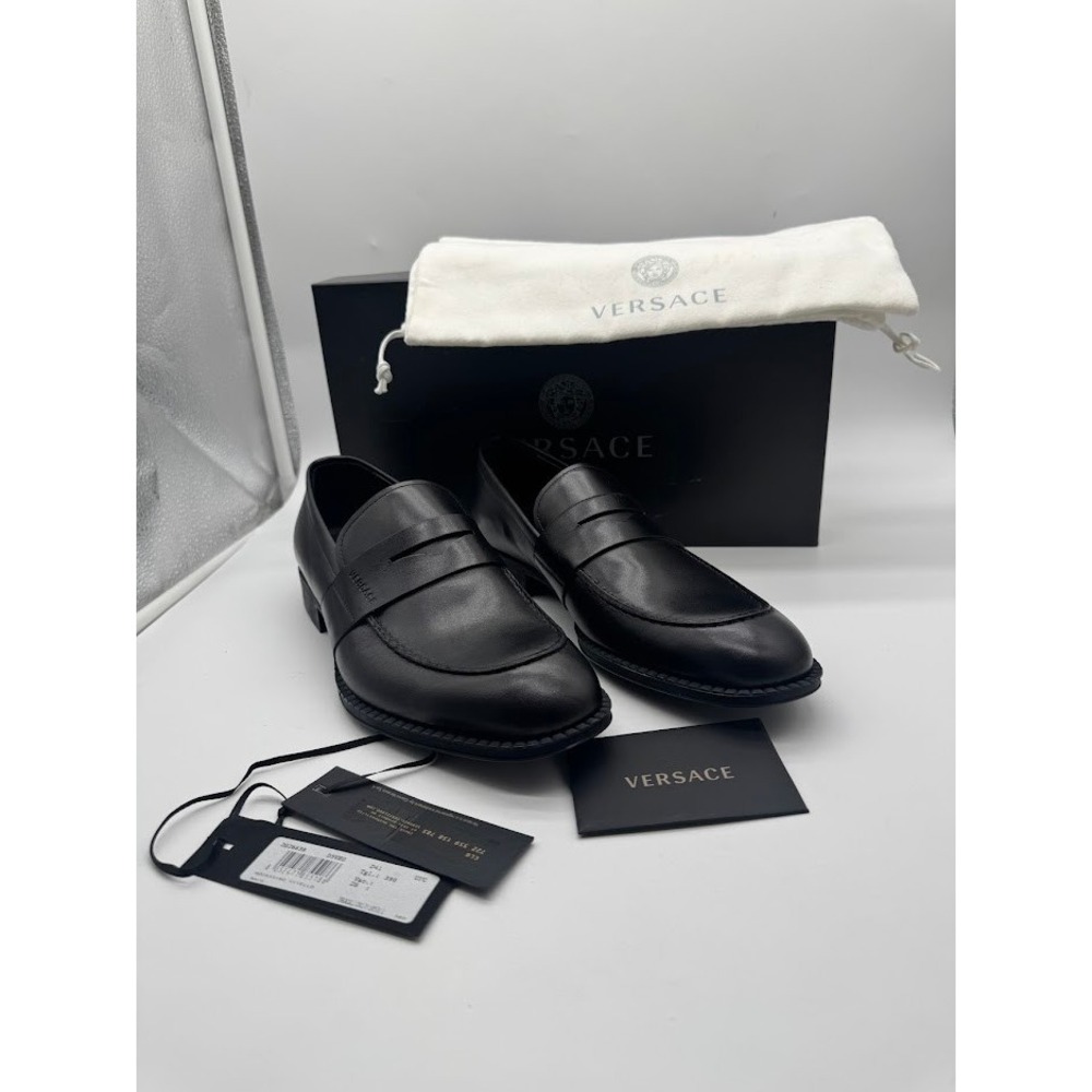 Versace DSU6638 Mens Black Leather Penny Loafers Made in Italy Size 39